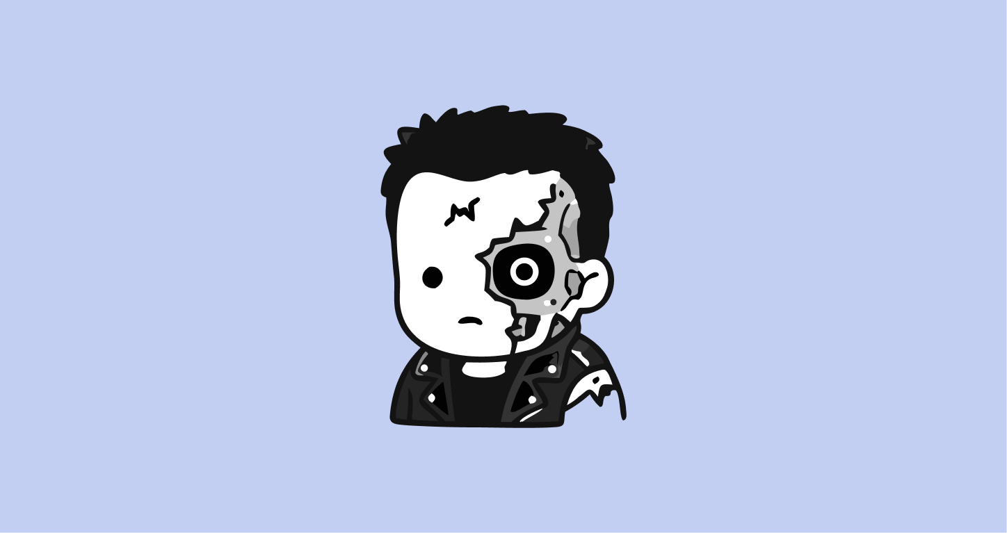 A cartoon Terminator with part of its mechanical face showing.